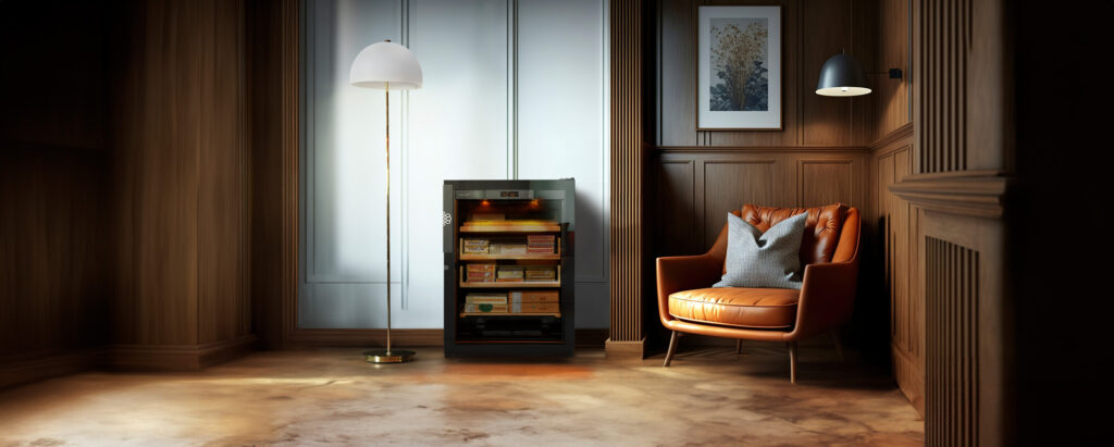 פינת עישון יוקרתית עם ארון סיגרים EuroCave Humidor, משולב עם דלת זכוכית מלאה ועיצוב אלגנטי הכולל כורסה נוחה וגופי תאורה חמים.